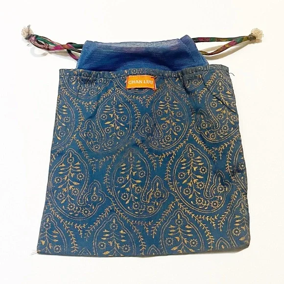 Chan Luu Drawstring Jewelry Travel or Gift Pouch Blue & Gold | 6” x 6” - Picture 3 of 9